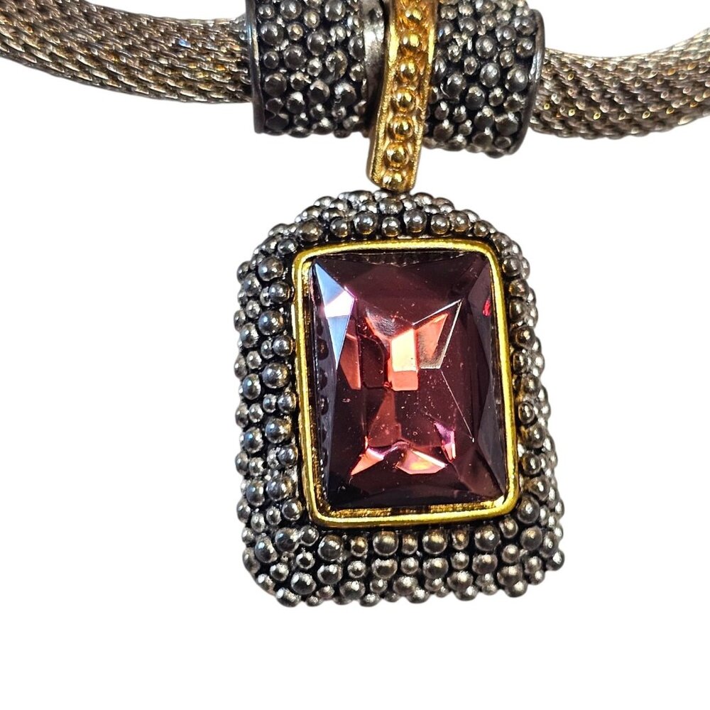 VTG Gothic Necklace Purple Faceted Pendant Magnetic Front Closure Silver Tone